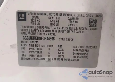 2015 Chevrolet Silverado 1500 1Lt z USA, uszkodzony, nr VIN 3GCUKREH9FG344896